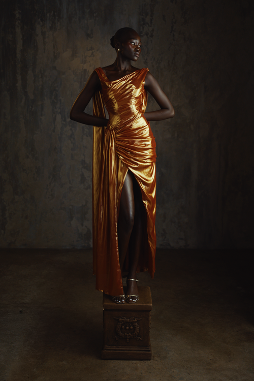 Lamé Chiffon Golden Gown