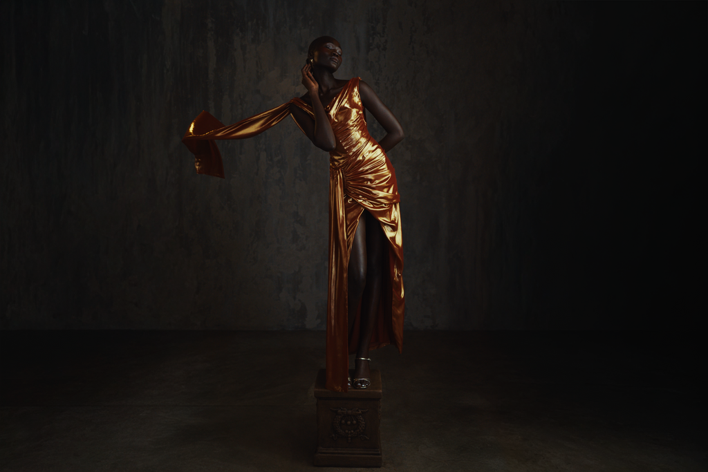 Lamé Chiffon Golden Gown