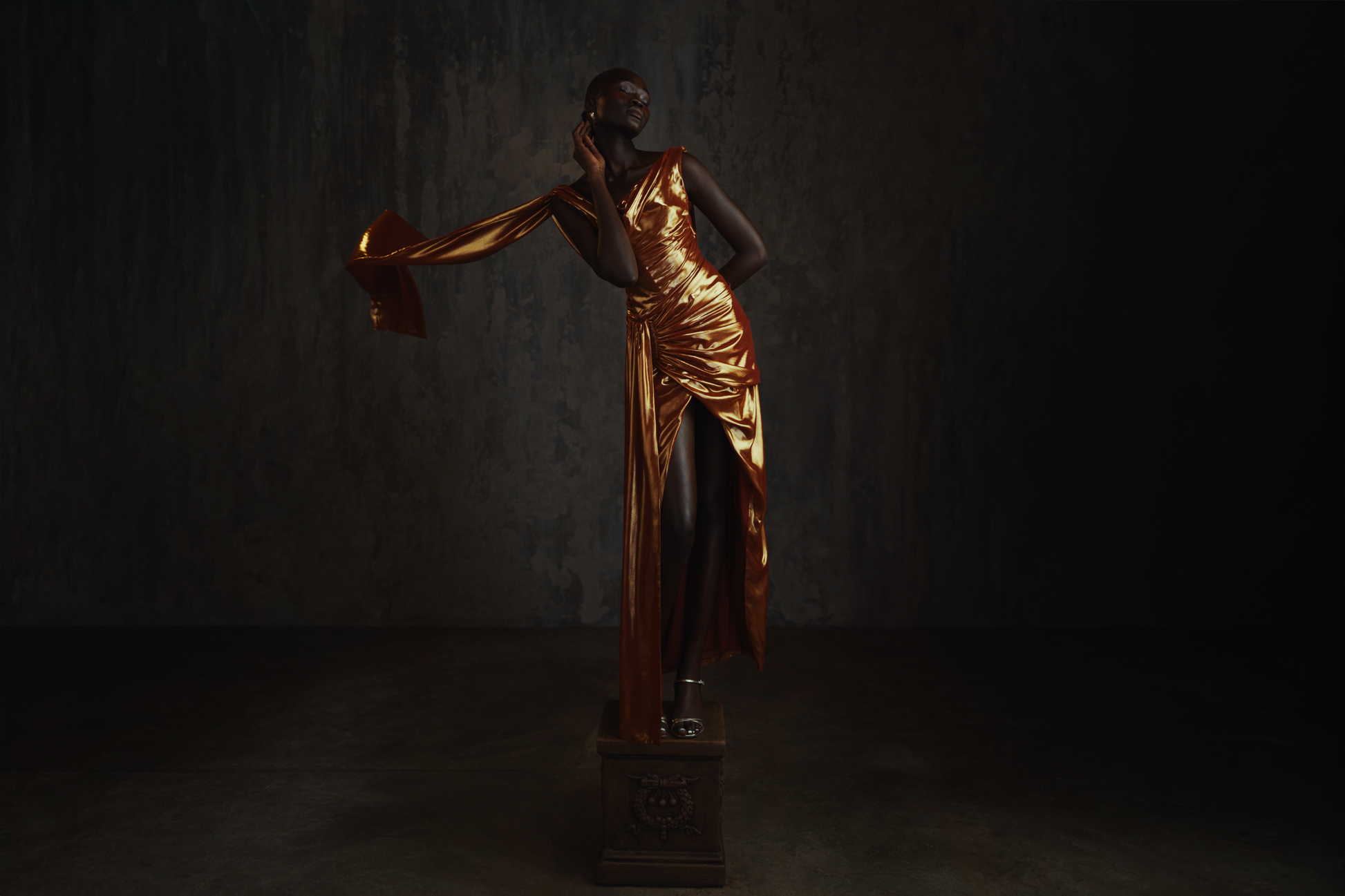 Lamé Chiffon Golden Gown